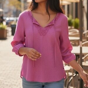 Eddie Bauer Women's Pink Linen 3/4 Sleeves Embroidered Tie Top Blouse Size XS #